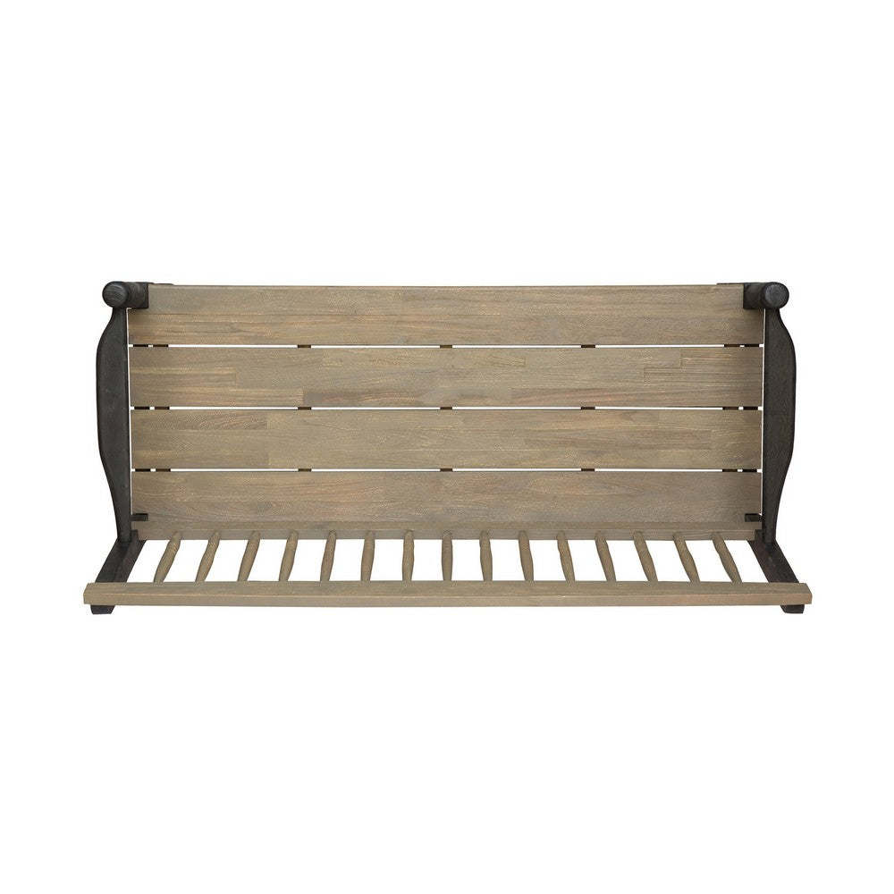 Ikra Outdoor Bench with Shelf, 51 Inch Carved Gray Acacia Wood, Black