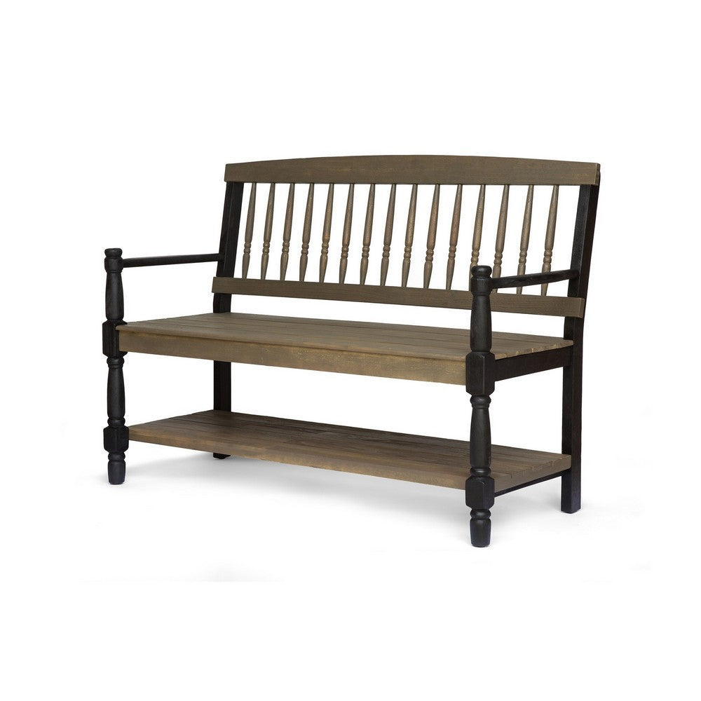 Ikra Outdoor Bench with Shelf, 51 Inch Carved Gray Acacia Wood, Black