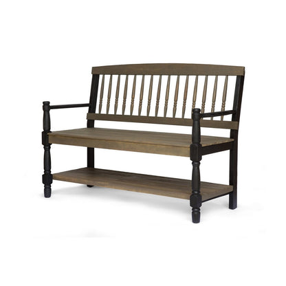 Ikra Outdoor Bench with Shelf, 51 Inch Carved Gray Acacia Wood, Black