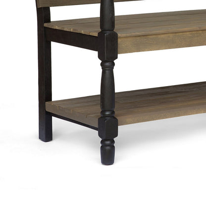 Ikra Outdoor Bench with Shelf, 51 Inch Carved Gray Acacia Wood, Black