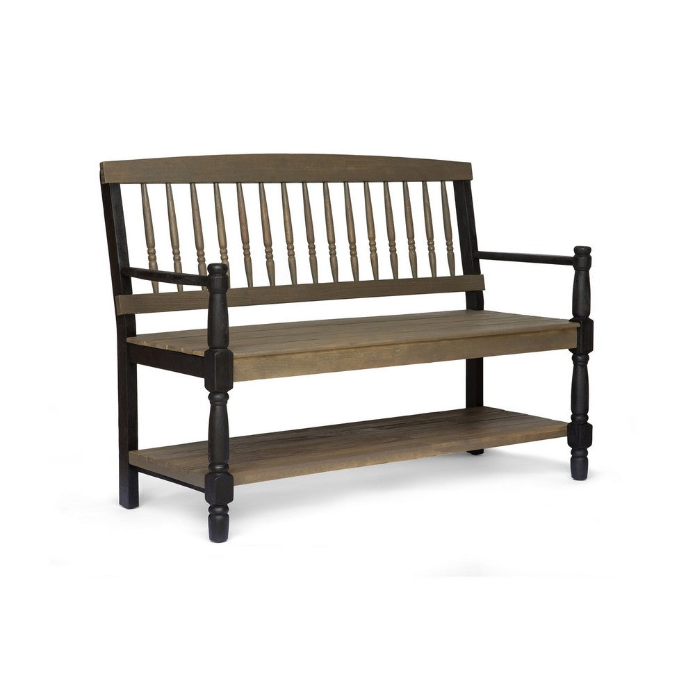Ikra Outdoor Bench with Shelf, 51 Inch Carved Gray Acacia Wood, Black