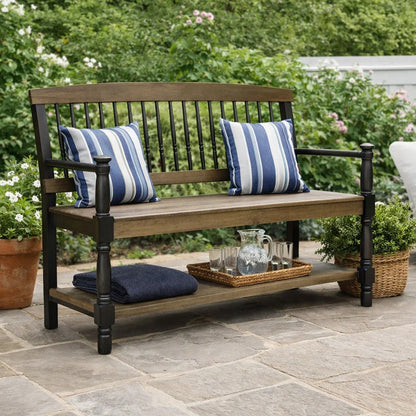 Ikra Outdoor Bench with Shelf, 51 Inch Carved Gray Acacia Wood, Black