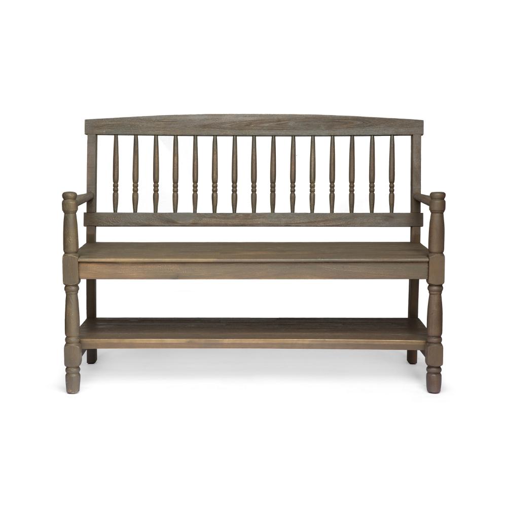 Ikra Outdoor Bench, Built-In Shelf, 51 Inch, Carved Gray Acacia Wood