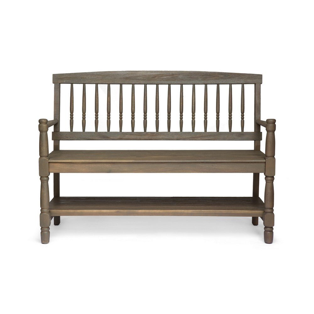 Ikra Outdoor Bench, Built-In Shelf, 51 Inch, Carved Gray Acacia Wood