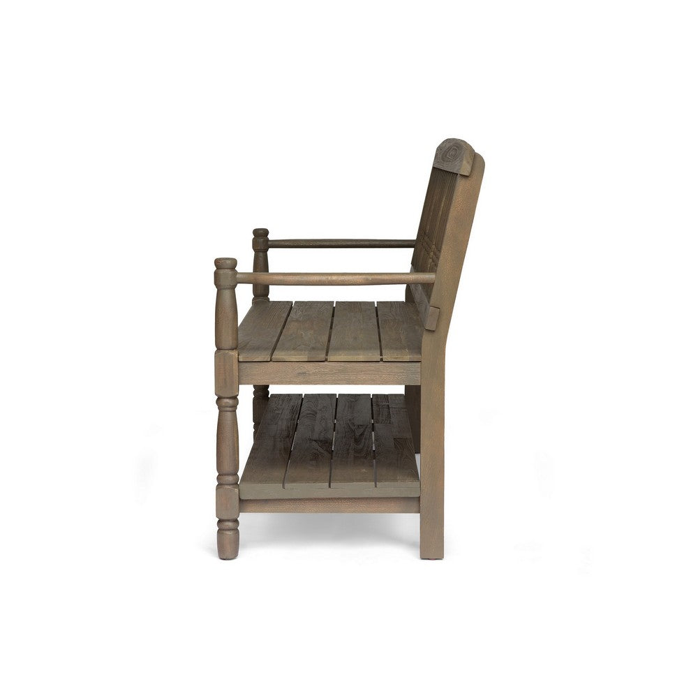 Ikra Outdoor Bench, Built-In Shelf, 51 Inch, Carved Gray Acacia Wood