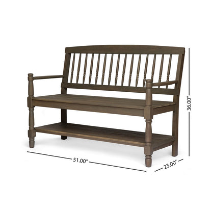 Ikra Outdoor Bench, Built-In Shelf, 51 Inch, Carved Gray Acacia Wood