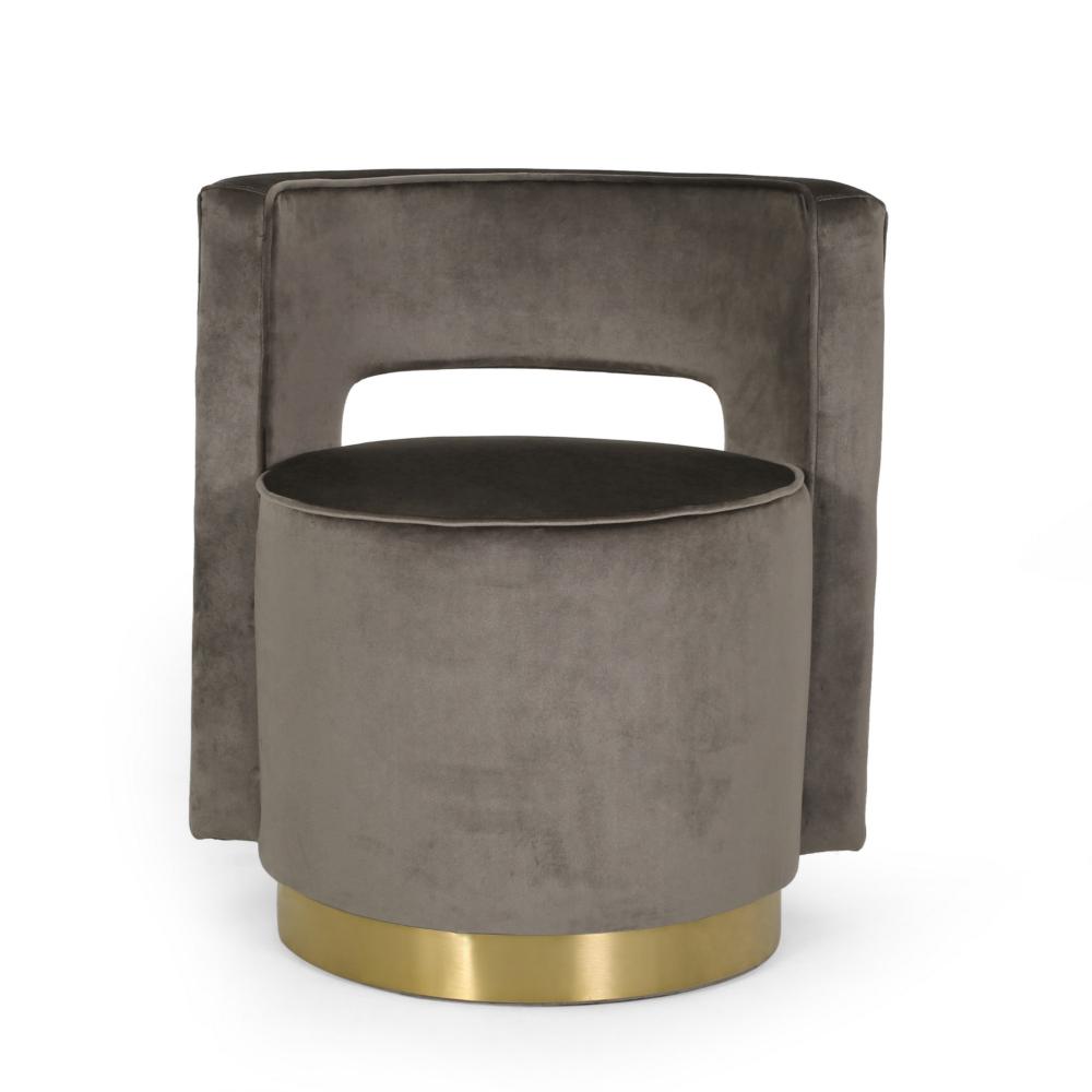 Viki Swivel Armchair, Round Open Back, Gold Metal, Gray Tufted Velvet