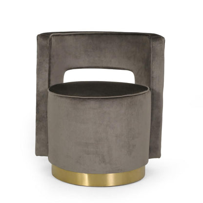 Viki Swivel Armchair, Round Open Back, Gold Metal, Gray Tufted Velvet