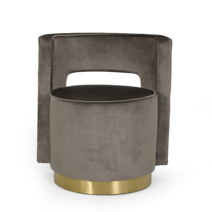 Viki Swivel Armchair, Round Open Back, Gold Metal, Gray Tufted Velvet