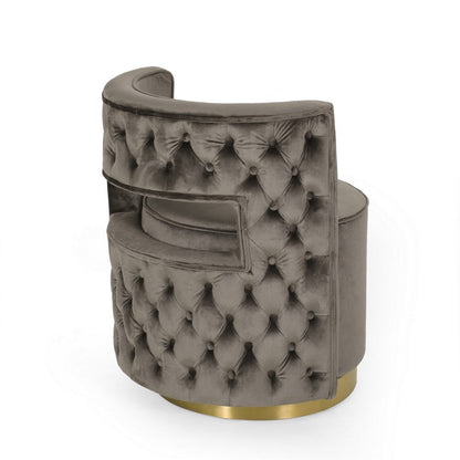Viki Swivel Armchair, Round Open Back, Gold Metal, Gray Tufted Velvet