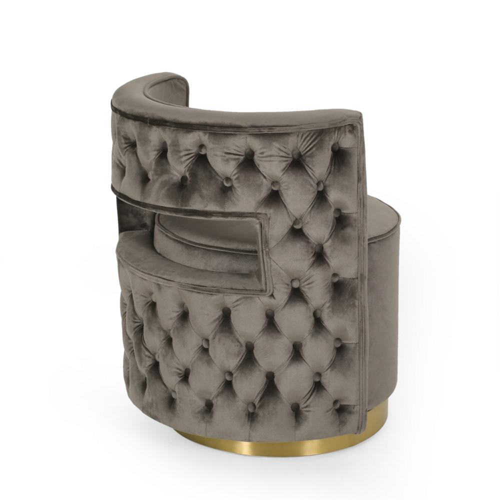 Viki Swivel Armchair, Round Open Back, Gold Metal, Gray Tufted Velvet