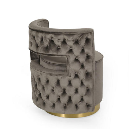 Viki Swivel Armchair, Round Open Back, Gold Metal, Gray Tufted Velvet