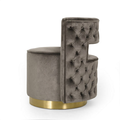 Viki Swivel Armchair, Round Open Back, Gold Metal, Gray Tufted Velvet
