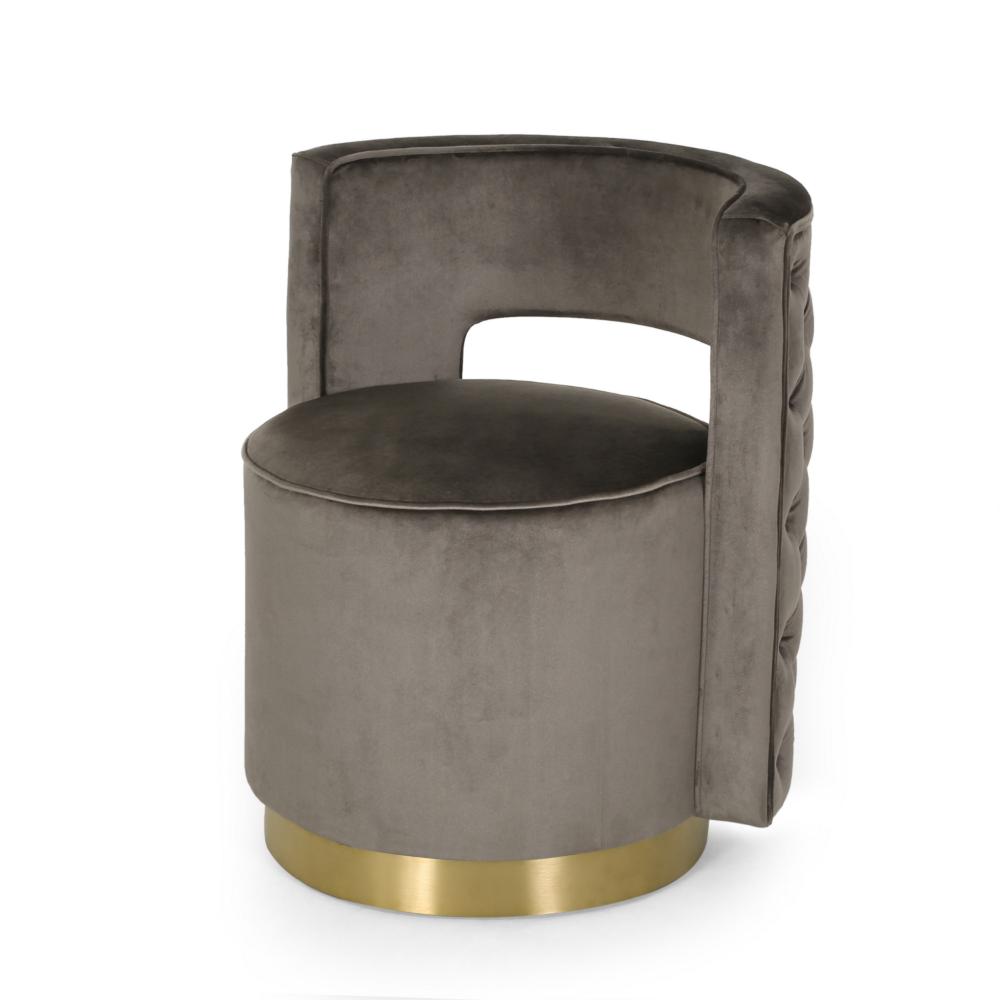 Viki Swivel Armchair, Round Open Back, Gold Metal, Gray Tufted Velvet