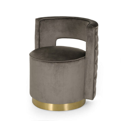 Viki Swivel Armchair, Round Open Back, Gold Metal, Gray Tufted Velvet