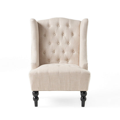 Club Chair, High Wingback, Birch Wood Legs, Beige Button Tufted Fabric
