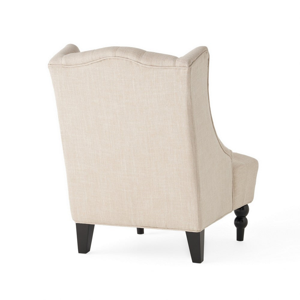 Club Chair, High Wingback, Birch Wood Legs, Beige Button Tufted Fabric