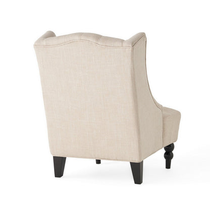 Club Chair, High Wingback, Birch Wood Legs, Beige Button Tufted Fabric