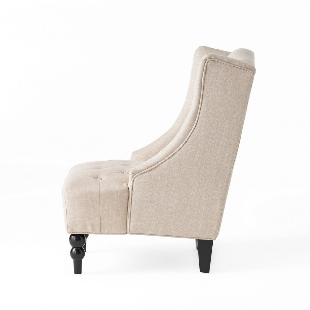 Club Chair, High Wingback, Birch Wood Legs, Beige Button Tufted Fabric