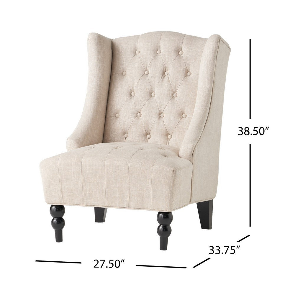 Club Chair, High Wingback, Birch Wood Legs, Beige Button Tufted Fabric