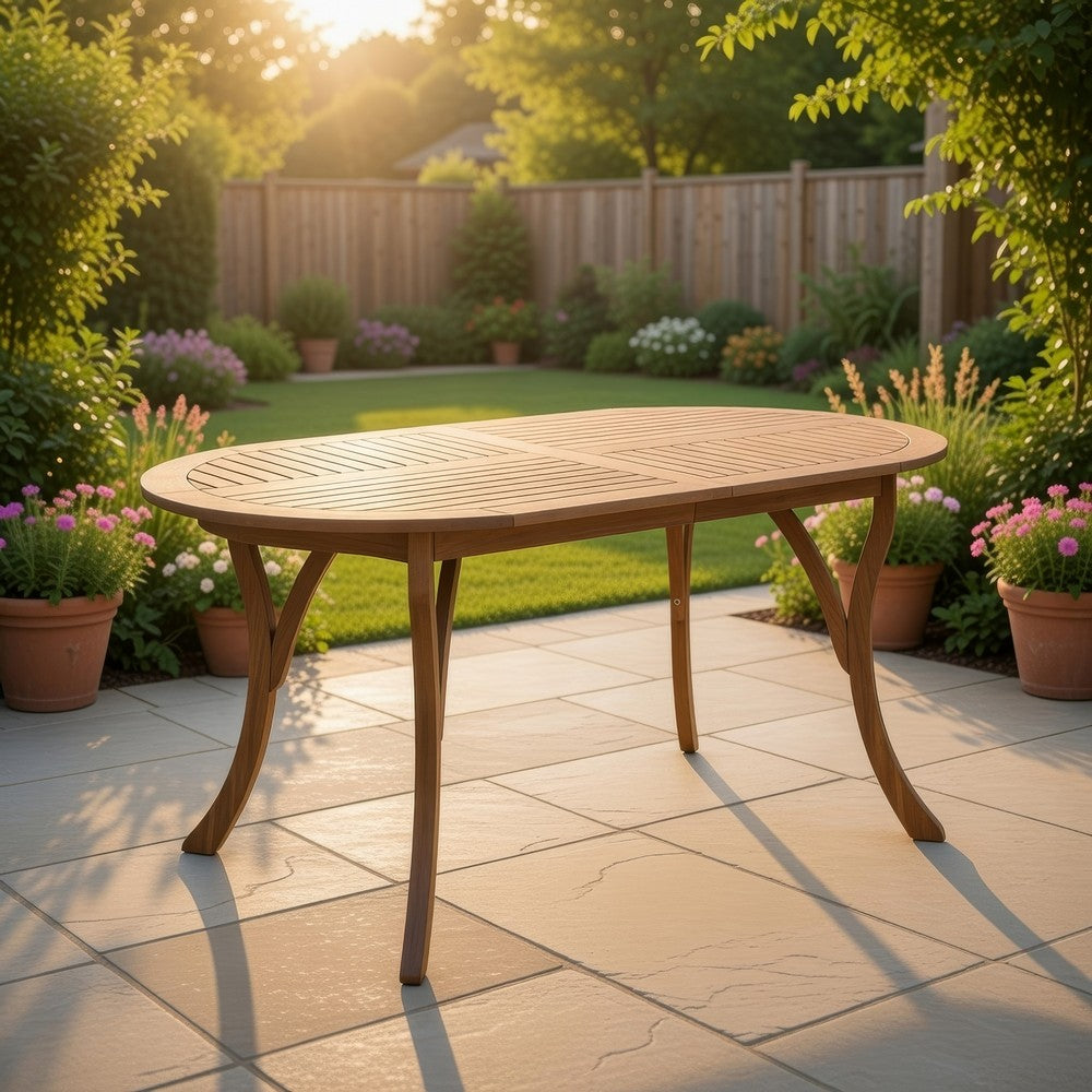 Outdoor Dining Table, 70 Inch Slat Style Oval Top, Teak Acacia Wood