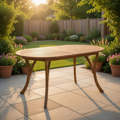 Outdoor Dining Table, 70 Inch Slat Style Oval Top, Teak Acacia Wood