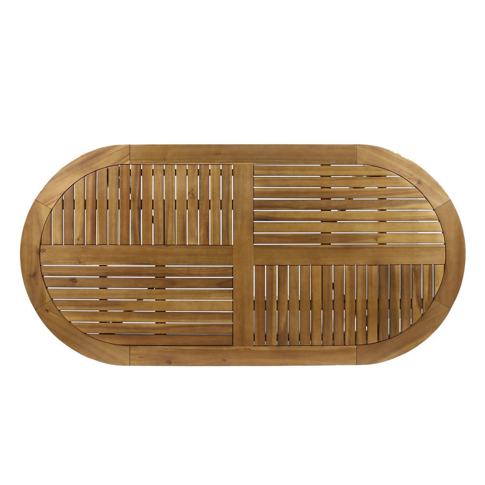 Outdoor Dining Table, 70 Inch Slat Style Oval Top, Teak Acacia Wood