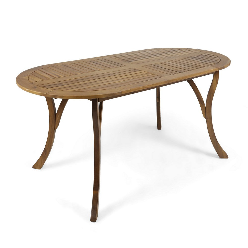 Outdoor Dining Table, 70 Inch Slat Style Oval Top, Teak Acacia Wood