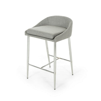 Yoko Set of 2 Counter Stool Chairs, Curved Back, Chrome Iron Legs, Gray Fabric
