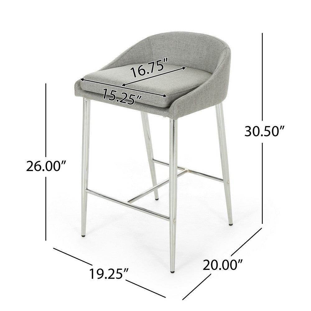 Yoko Set of 2 Counter Stool Chairs, Curved Back, Chrome Iron Legs, Gray Fabric