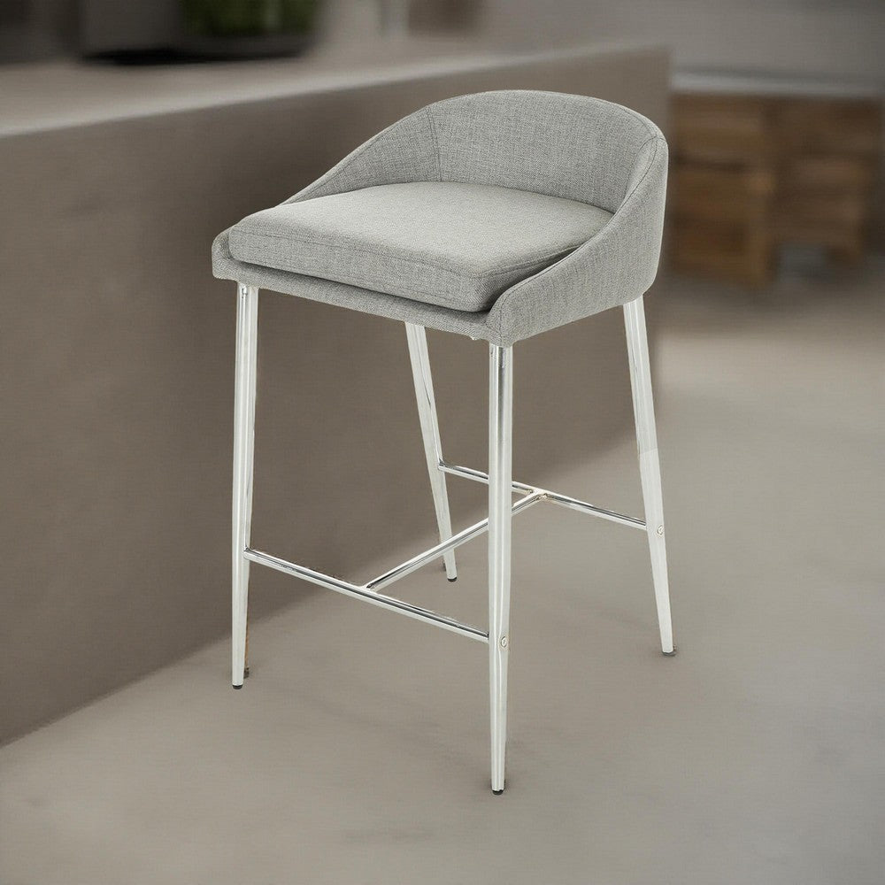 Yoko Set of 2 Counter Stool Chairs, Curved Back, Chrome Iron Legs, Gray Fabric