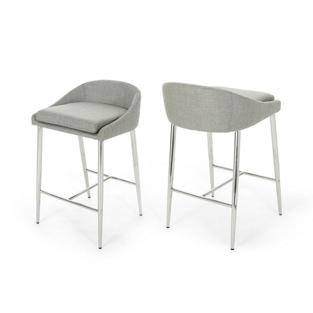 Yoko Set of 2 Counter Stool Chairs, Curved Back, Chrome Iron Legs, Gray Fabric