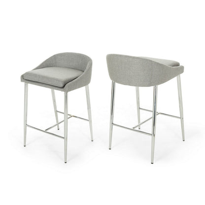 Yoko Set of 2 Counter Stool Chairs, Curved Back, Chrome Iron Legs, Gray Fabric