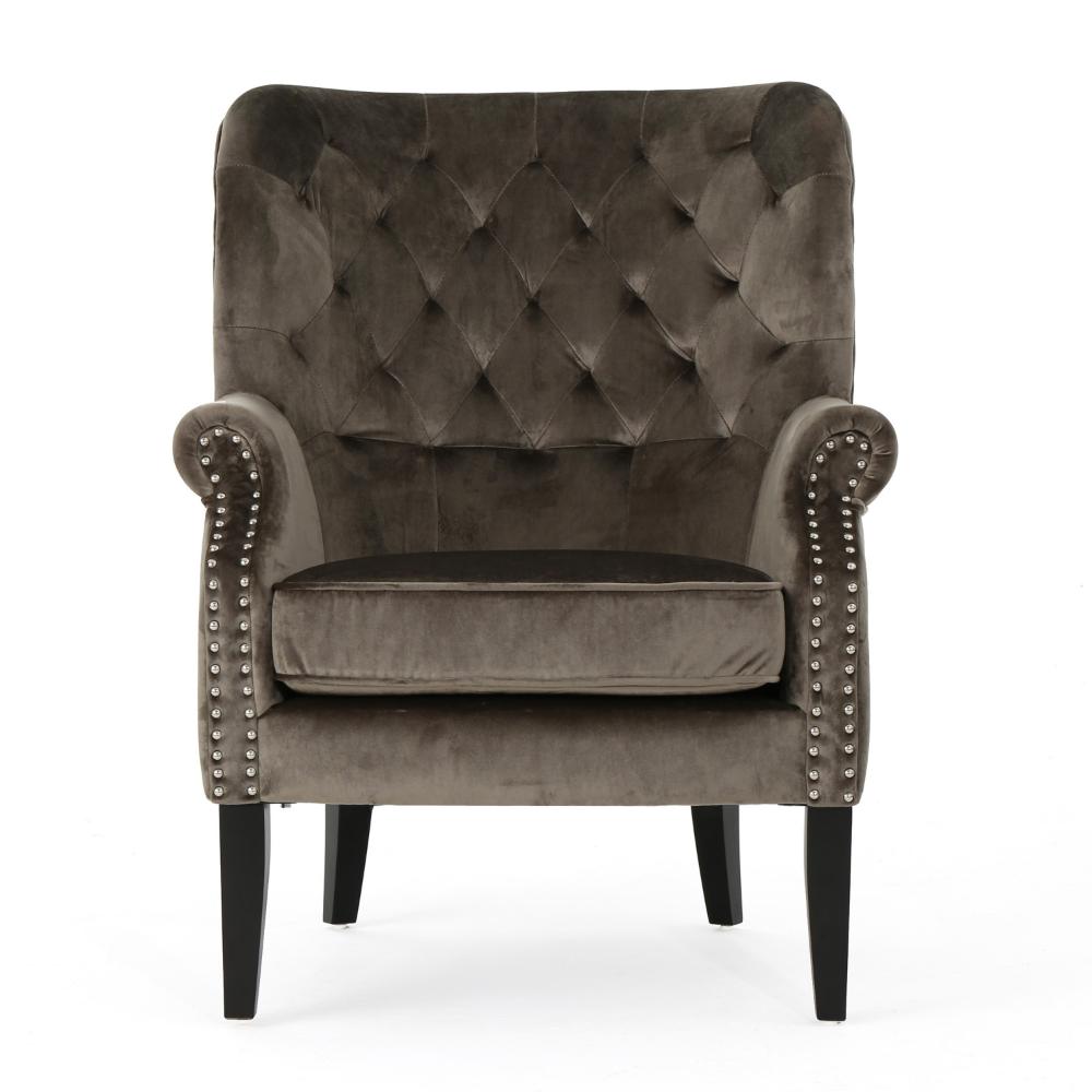 Nire Accent Club Chair, Nailhead Trim, Brown Birch Wood, Gray Velvet