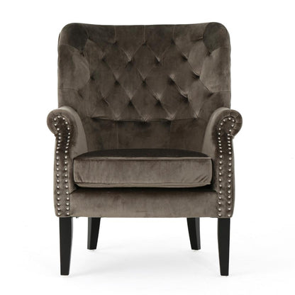 Nire Accent Club Chair, Nailhead Trim, Brown Birch Wood, Gray Velvet