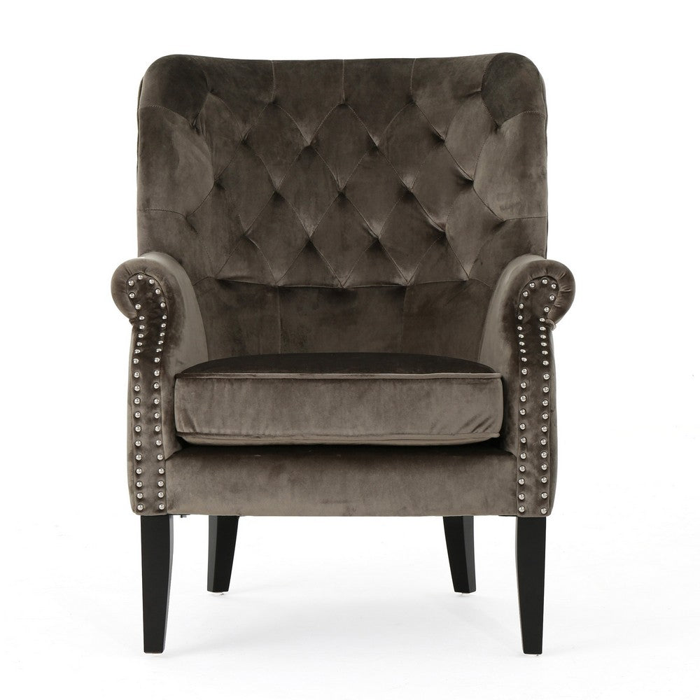 Nire Accent Club Chair, Nailhead Trim, Brown Birch Wood, Gray Velvet