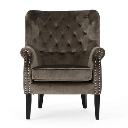 Nire Accent Club Chair, Nailhead Trim, Brown Birch Wood, Gray Velvet