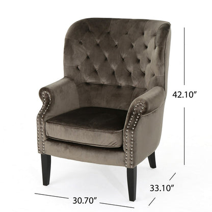 Nire Accent Club Chair, Nailhead Trim, Brown Birch Wood, Gray Velvet