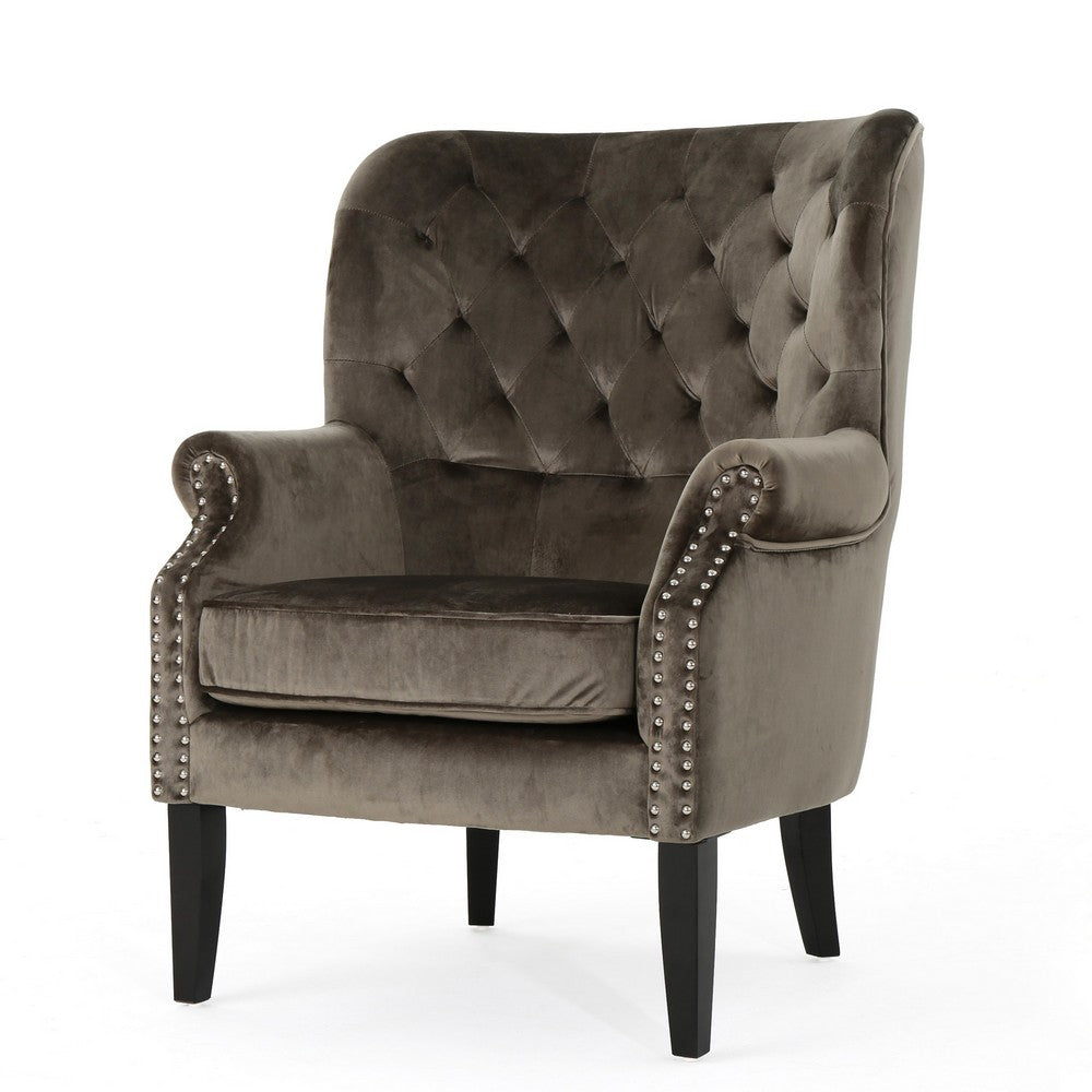 Nire Accent Club Chair, Nailhead Trim, Brown Birch Wood, Gray Velvet