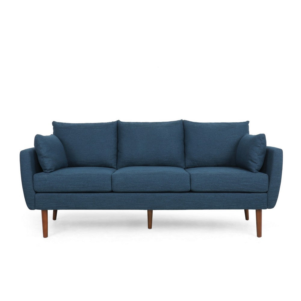 Nate Sofa with 2 Accent Pillows, 77 Inch Birch Wood, Navy Blue Fabric