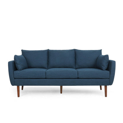 Nate Sofa with 2 Accent Pillows, 77 Inch Birch Wood, Navy Blue Fabric