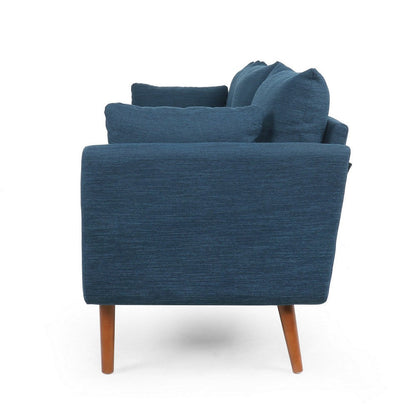Nate Sofa with 2 Accent Pillows, 77 Inch Birch Wood, Navy Blue Fabric
