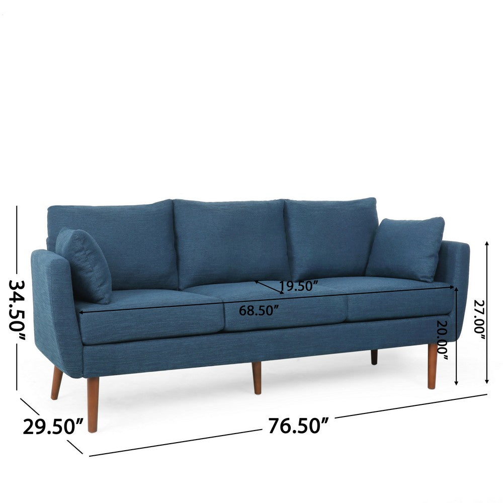 Nate Sofa with 2 Accent Pillows, 77 Inch Birch Wood, Navy Blue Fabric