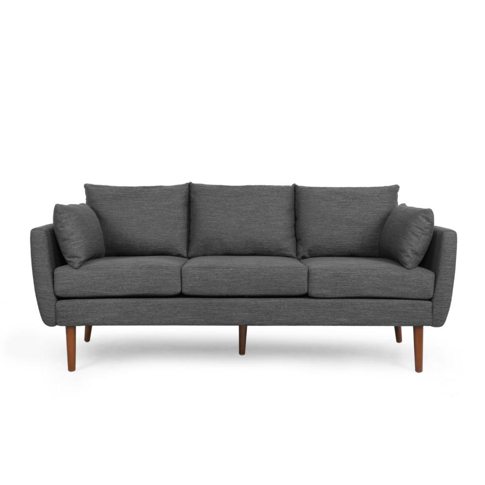 Nate Sofa with 2 Accent Pillows, 77 Inch Birch Wood, Charcoal Gray