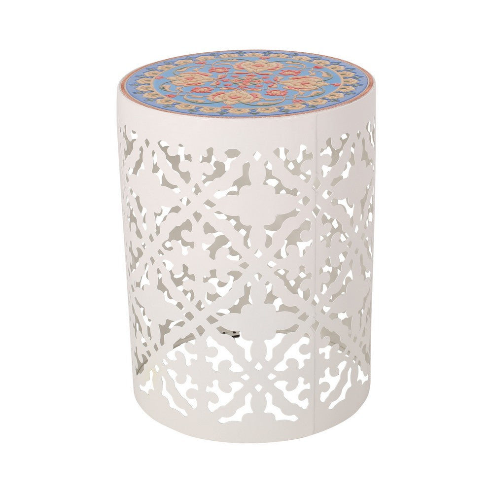 Riki Side End Table, 14 Inch, Mosaic Tile Rattan, White Lace Cut Metal