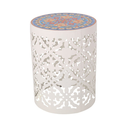 Riki Side End Table, 14 Inch, Mosaic Tile Rattan, White Lace Cut Metal