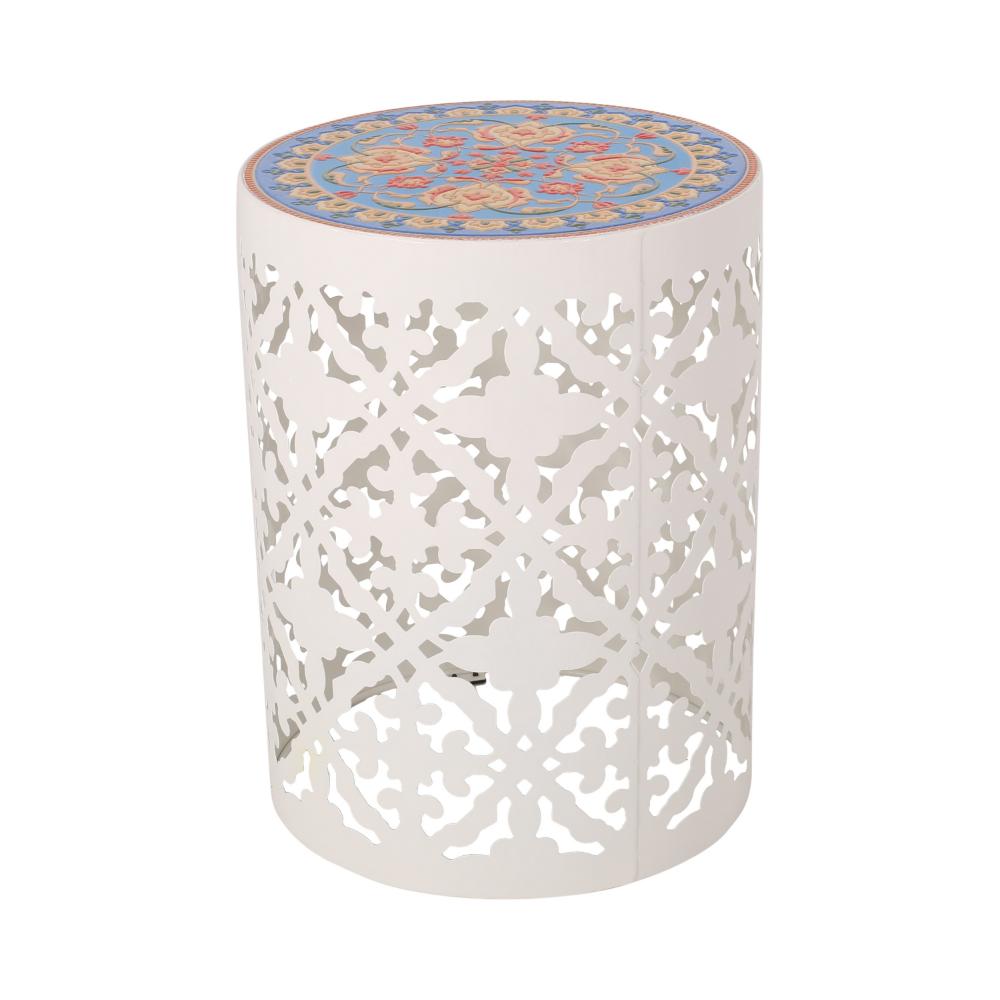 Riki Side End Table, 14 Inch, Mosaic Tile Rattan, White Lace Cut Metal