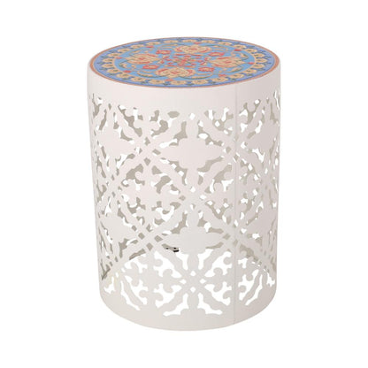 Riki Side End Table, 14 Inch, Mosaic Tile Rattan, White Lace Cut Metal