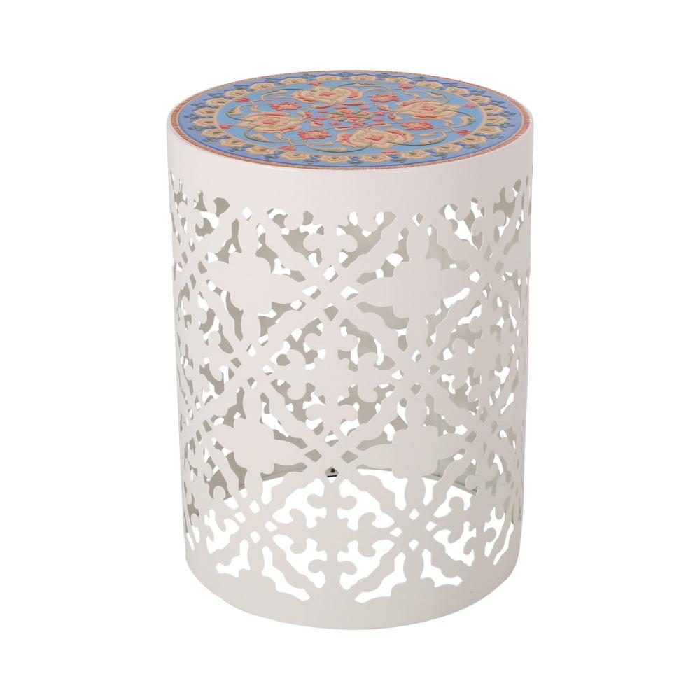 Riki Side End Table, 14 Inch, Mosaic Tile Rattan, White Lace Cut Metal