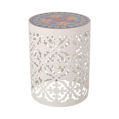 Riki Side End Table, 14 Inch, Mosaic Tile Rattan, White Lace Cut Metal
